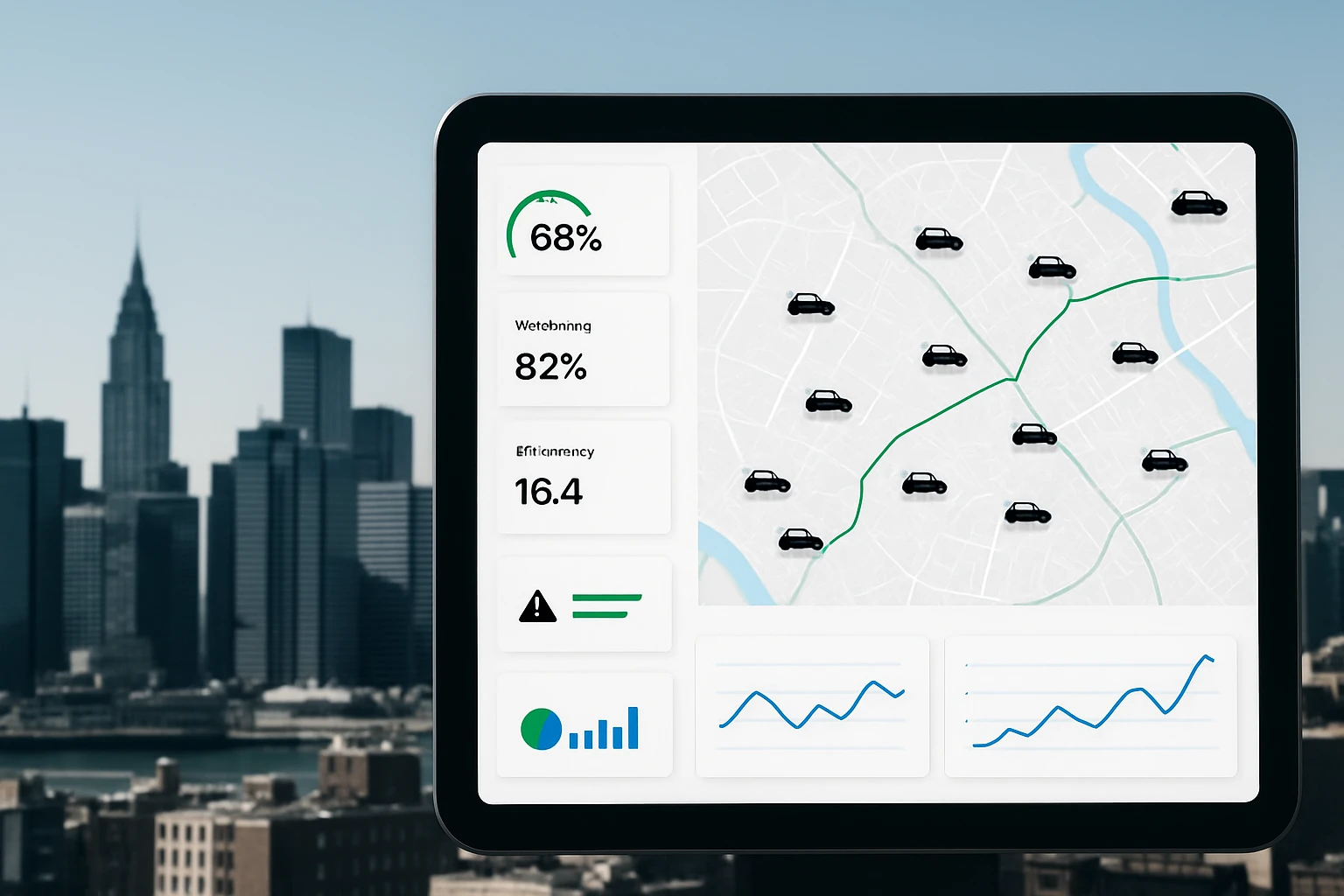 Egy digitális kijelző, amely autók elhelyezkedését mutatja térképen, háttérben városi táj.