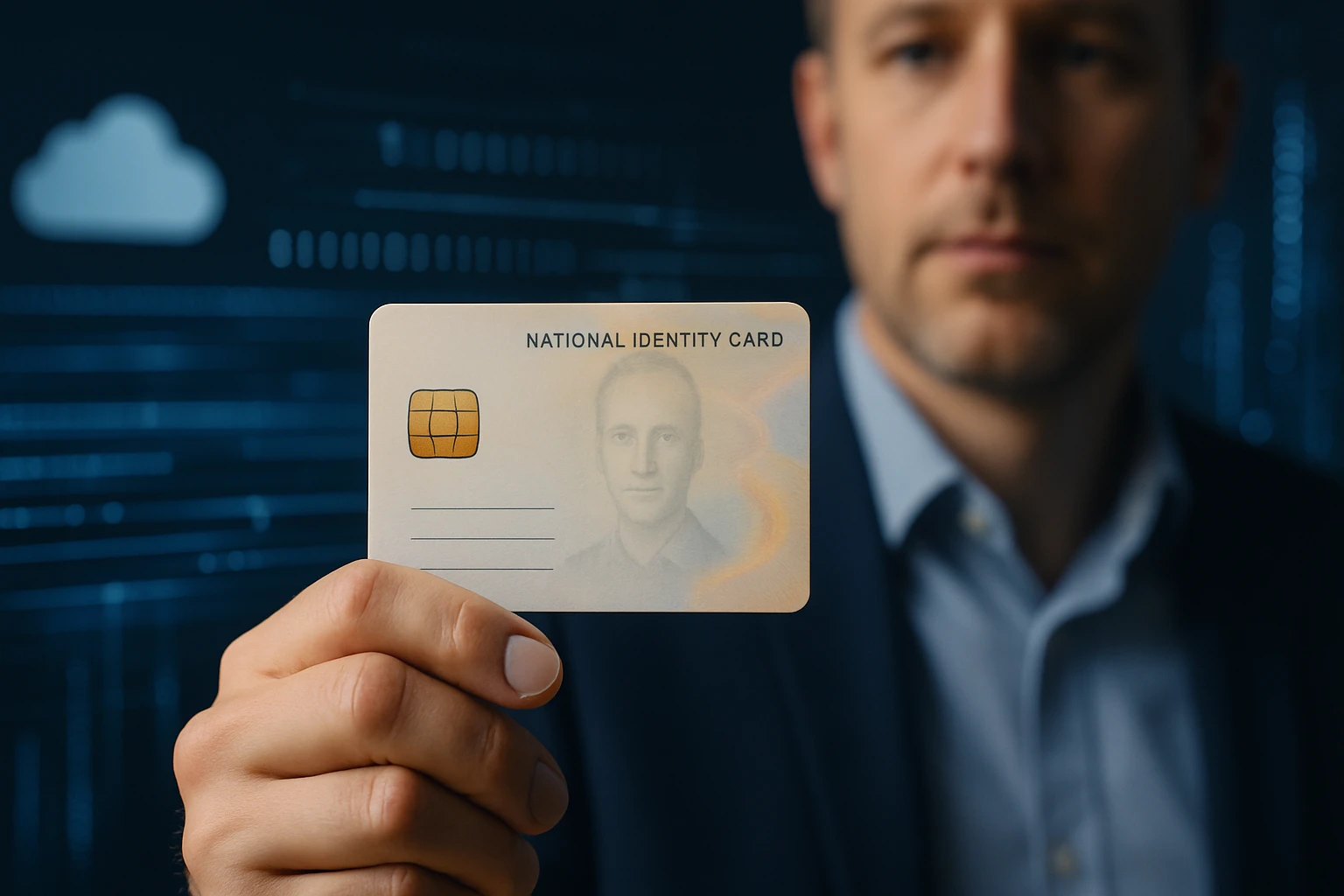 Egy férfi a kezében tart egy nemzeti személyi igazolványt, háttérben digitális minták.