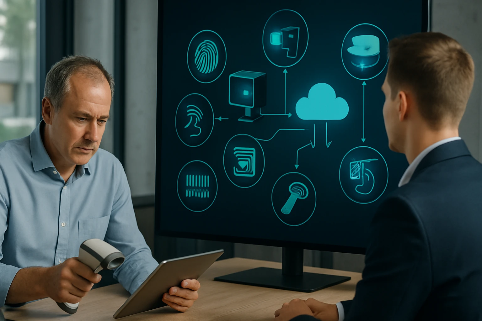 Két férfi egy modern irodában digitális eszközöket használ, biometrikus azonosítással foglalkoznak.