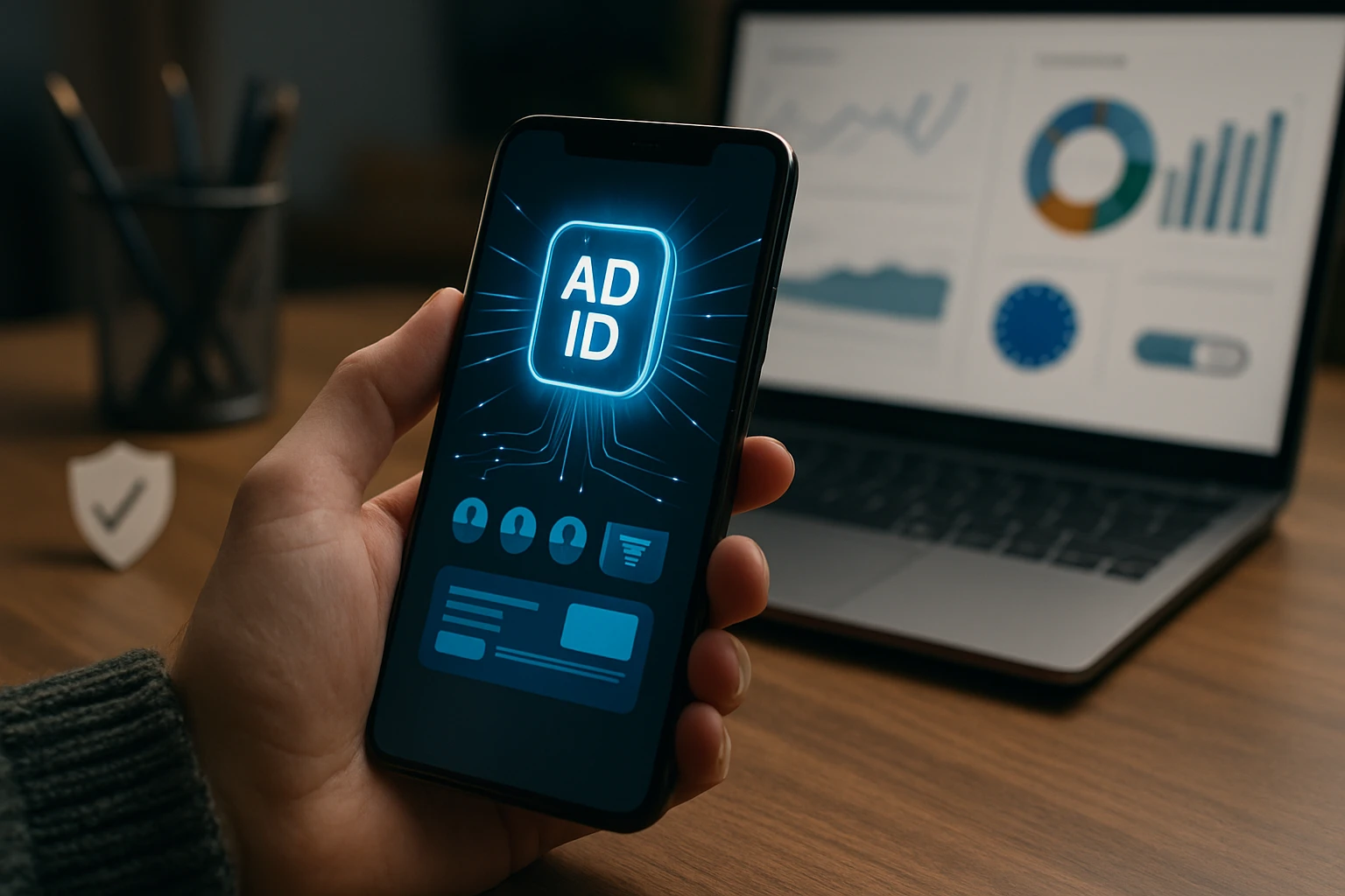 Egy okostelefon képernyőjén az 'AD ID' felirat látható, háttérben grafikonokkal.