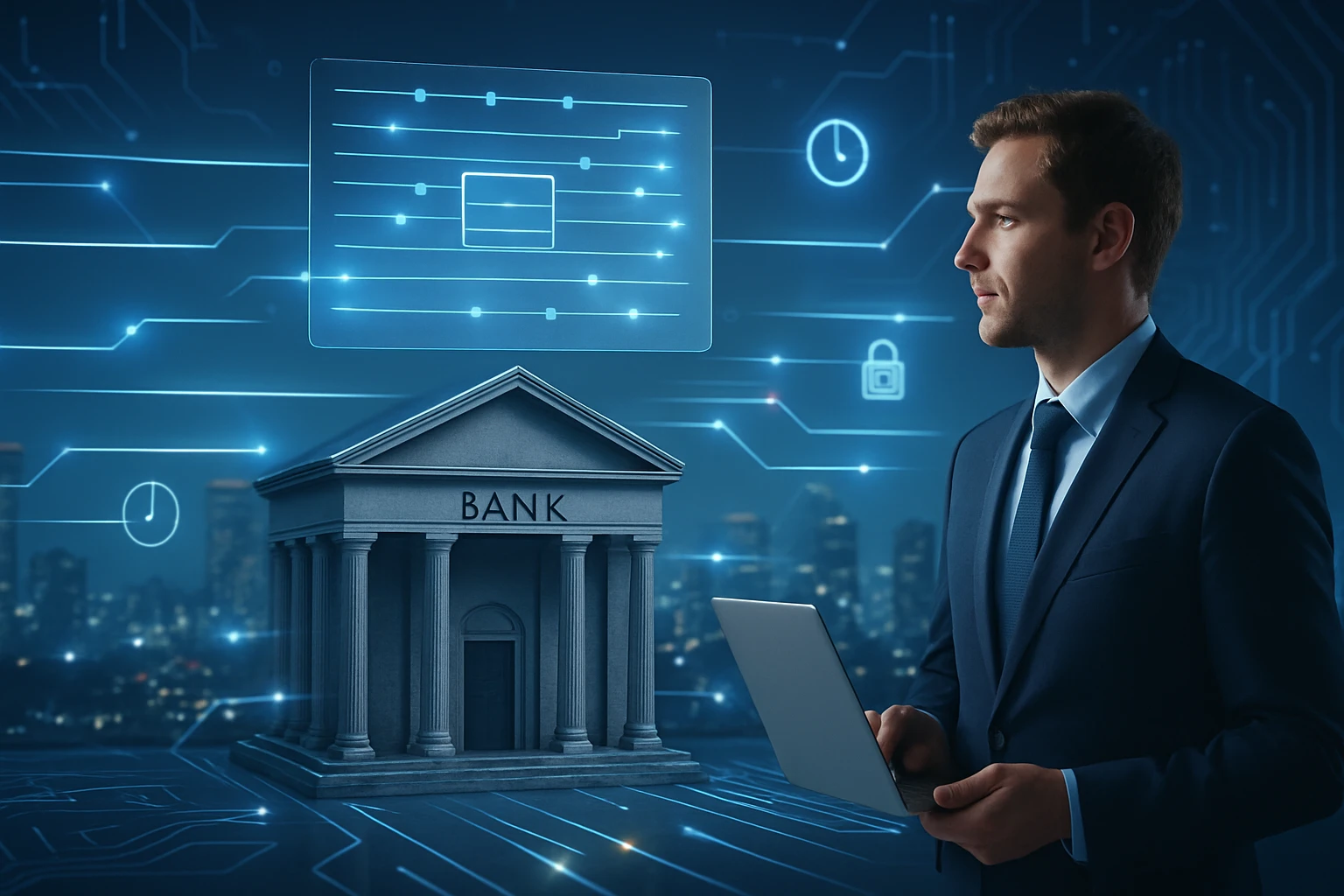 Egy férfi laptopot tart, miközben egy bank épülete és digitális ikonok láthatók a háttérben.