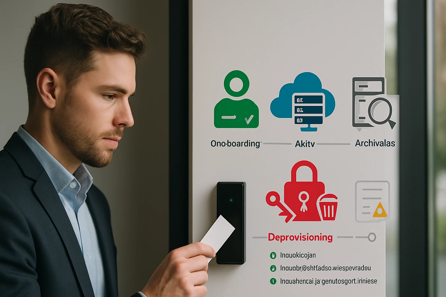 Egy férfi kártyát használ egy beléptető rendszerhez, háttérben ikonokkal.