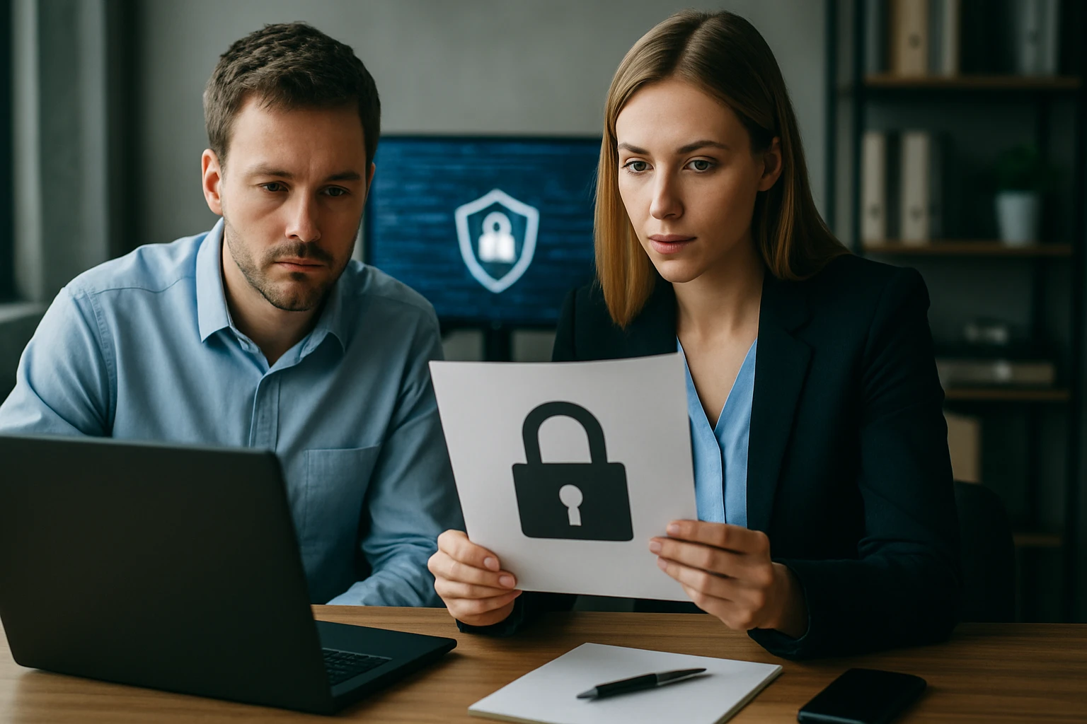 Két ember egy laptop előtt ül, egy zárt lakatot ábrázoló papírt néznek.