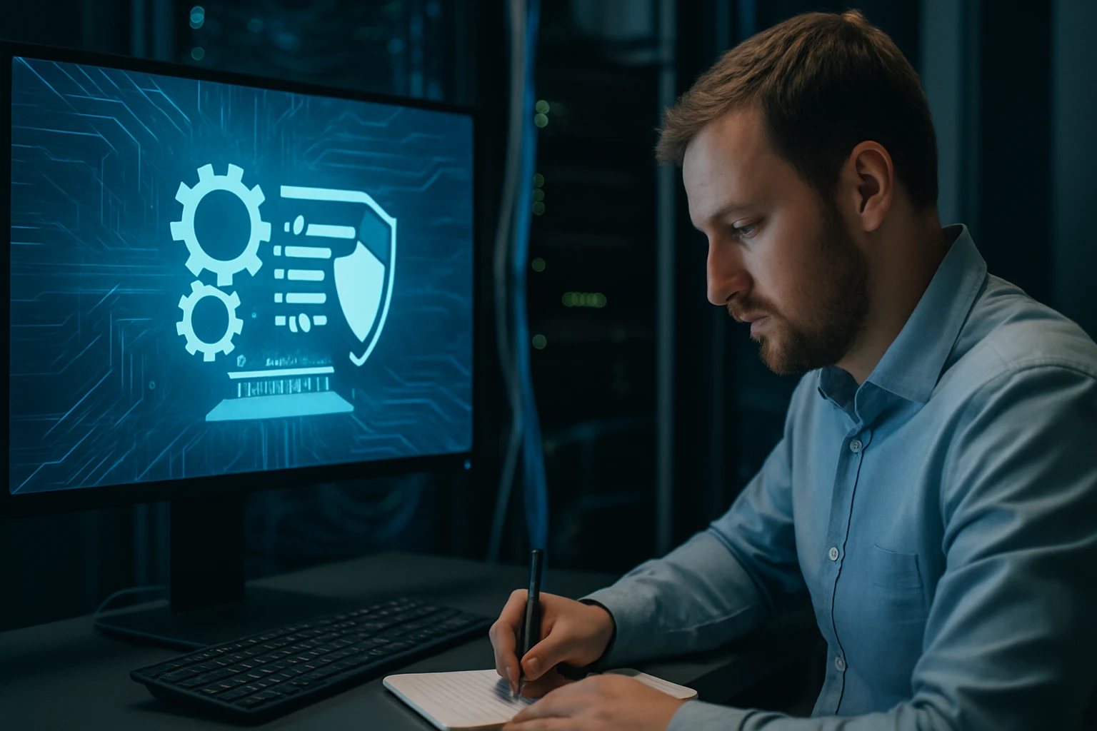 Egy férfi jegyzetel egy számítógép előtt, amelyen biztonsági ikon látható.