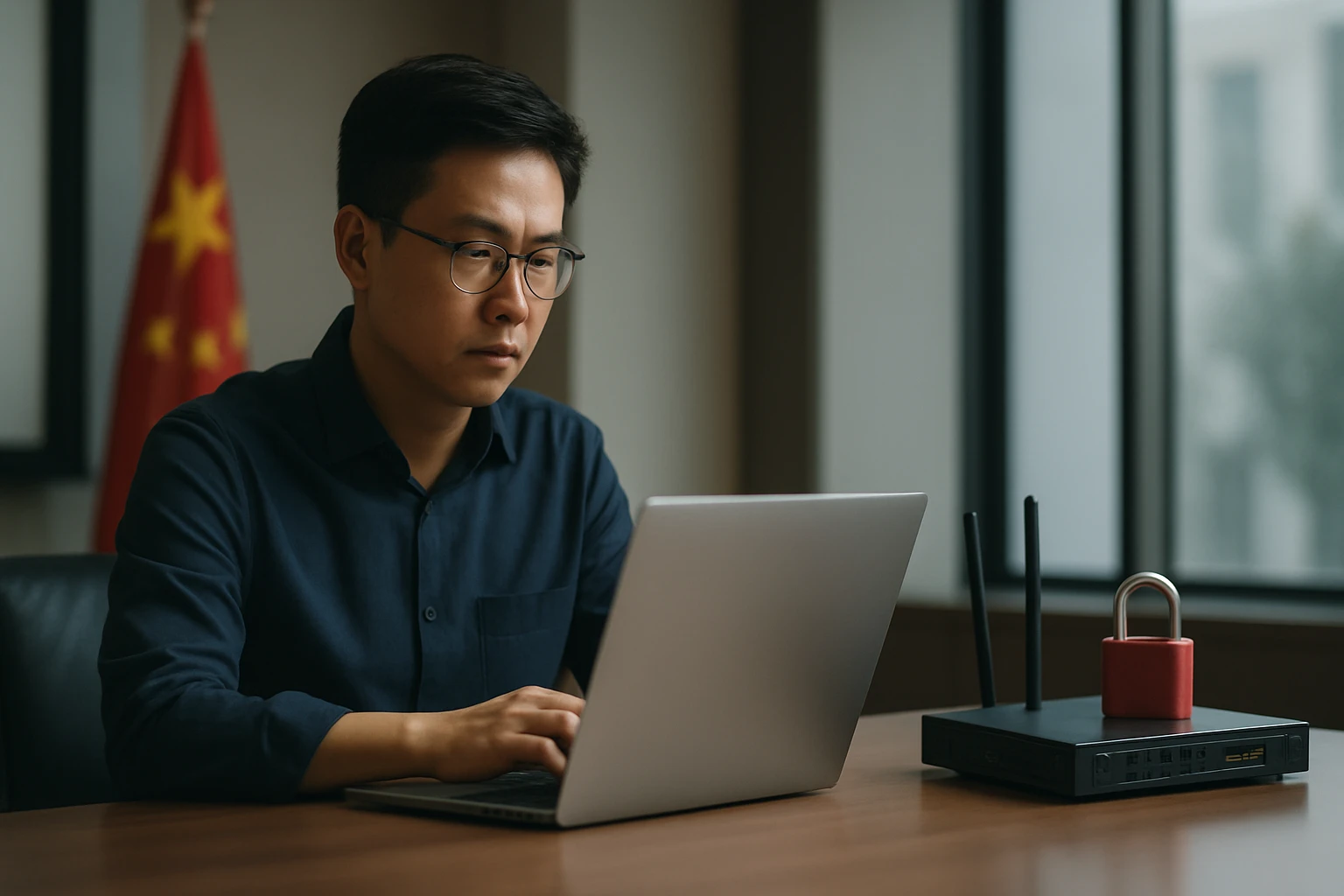 Egy fiatal férfi laptop előtt ül, figyelmesen dolgozik, háttérben kínai zászló.