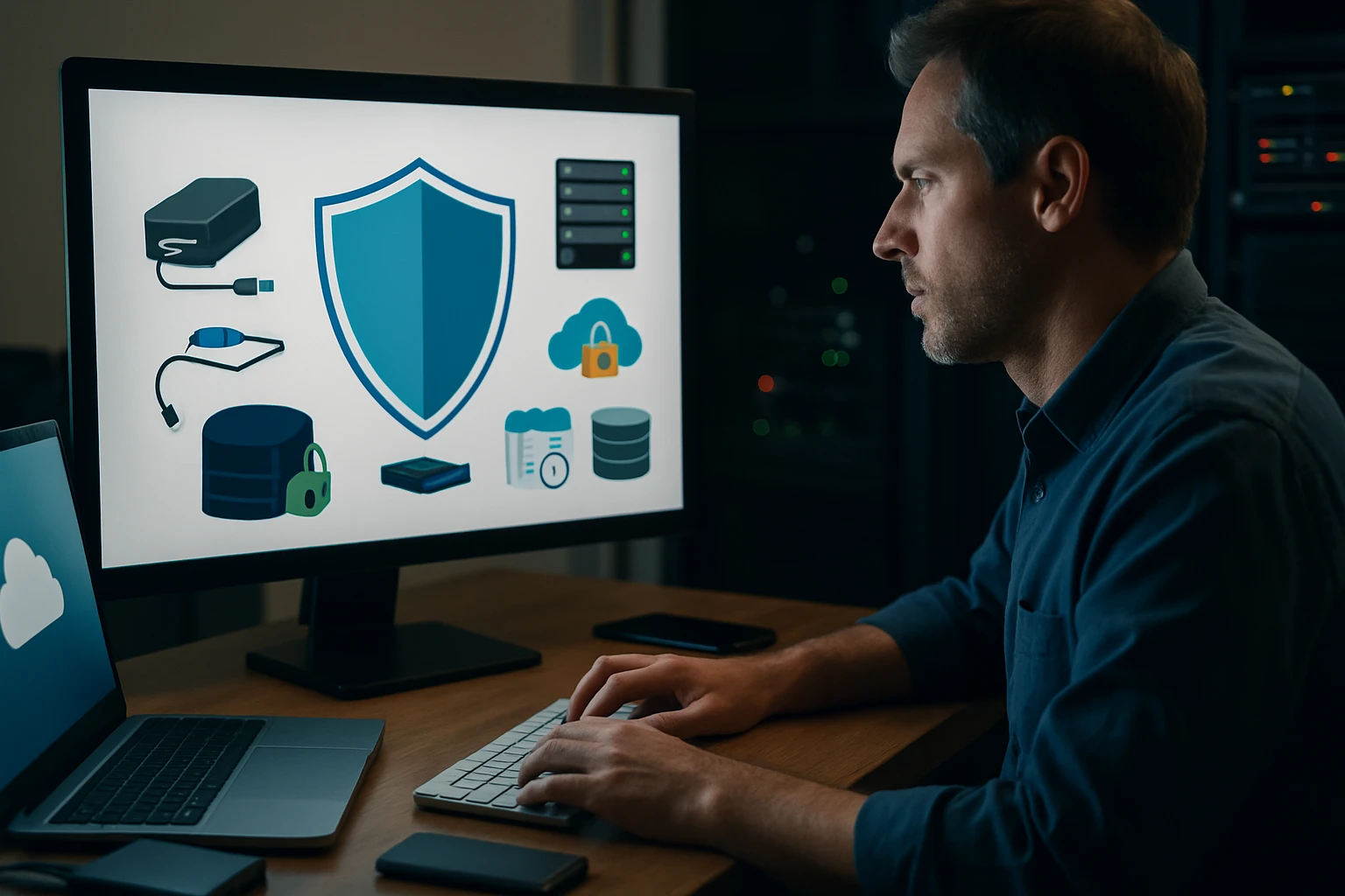 Egy férfi számítógép előtt ül, biztonsági ikonokkal teli képernyő előtt dolgozik.