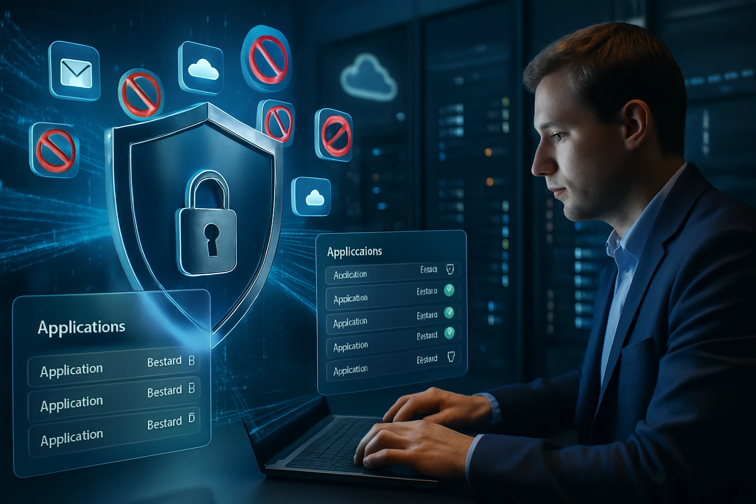 Egy férfi számítógépen dolgozik, miközben biztonsági ikonok jelennek meg a képernyőn.