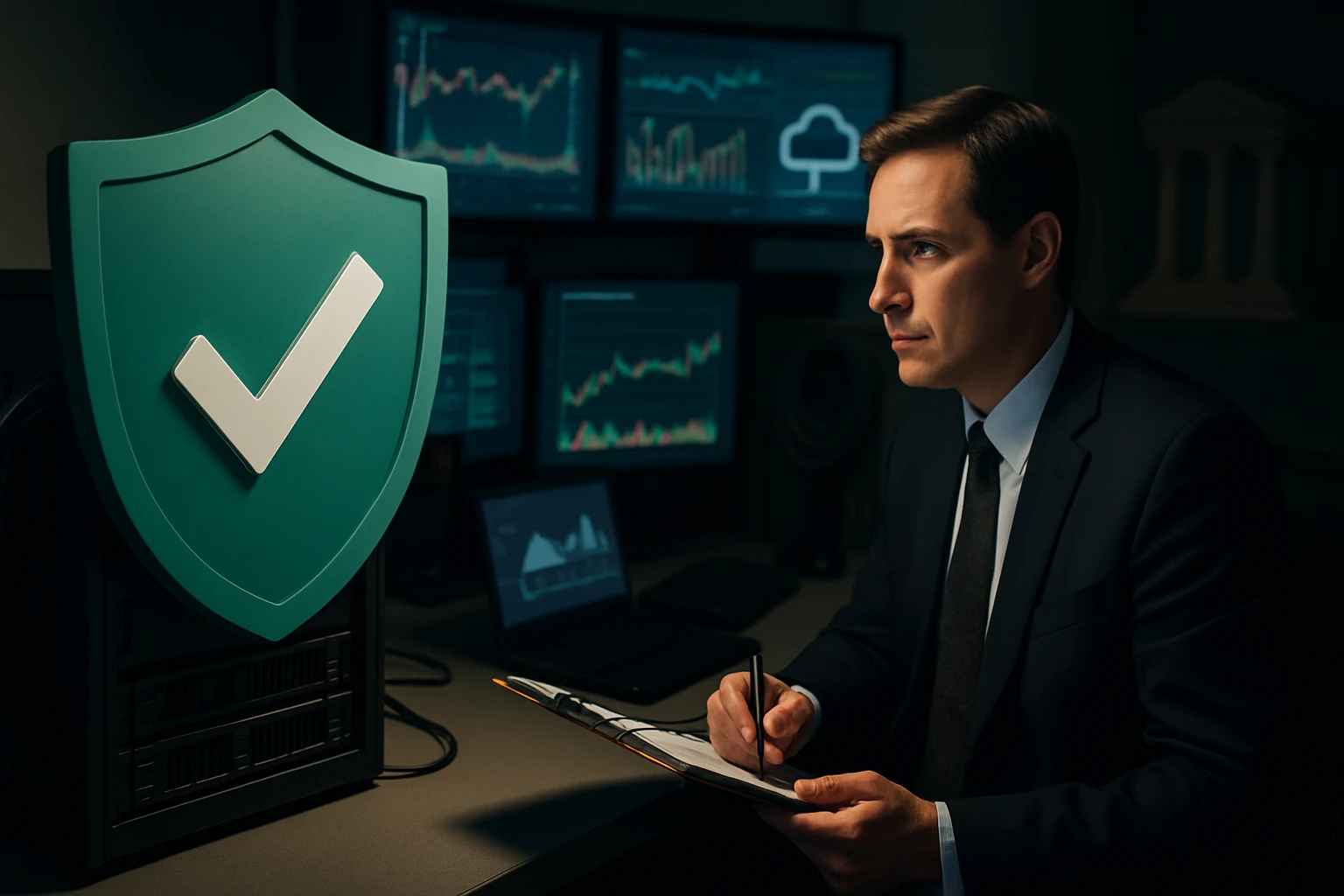 Egy üzletember jegyzetel egy számítógép előtt, háttérben biztonsági szimbólum.