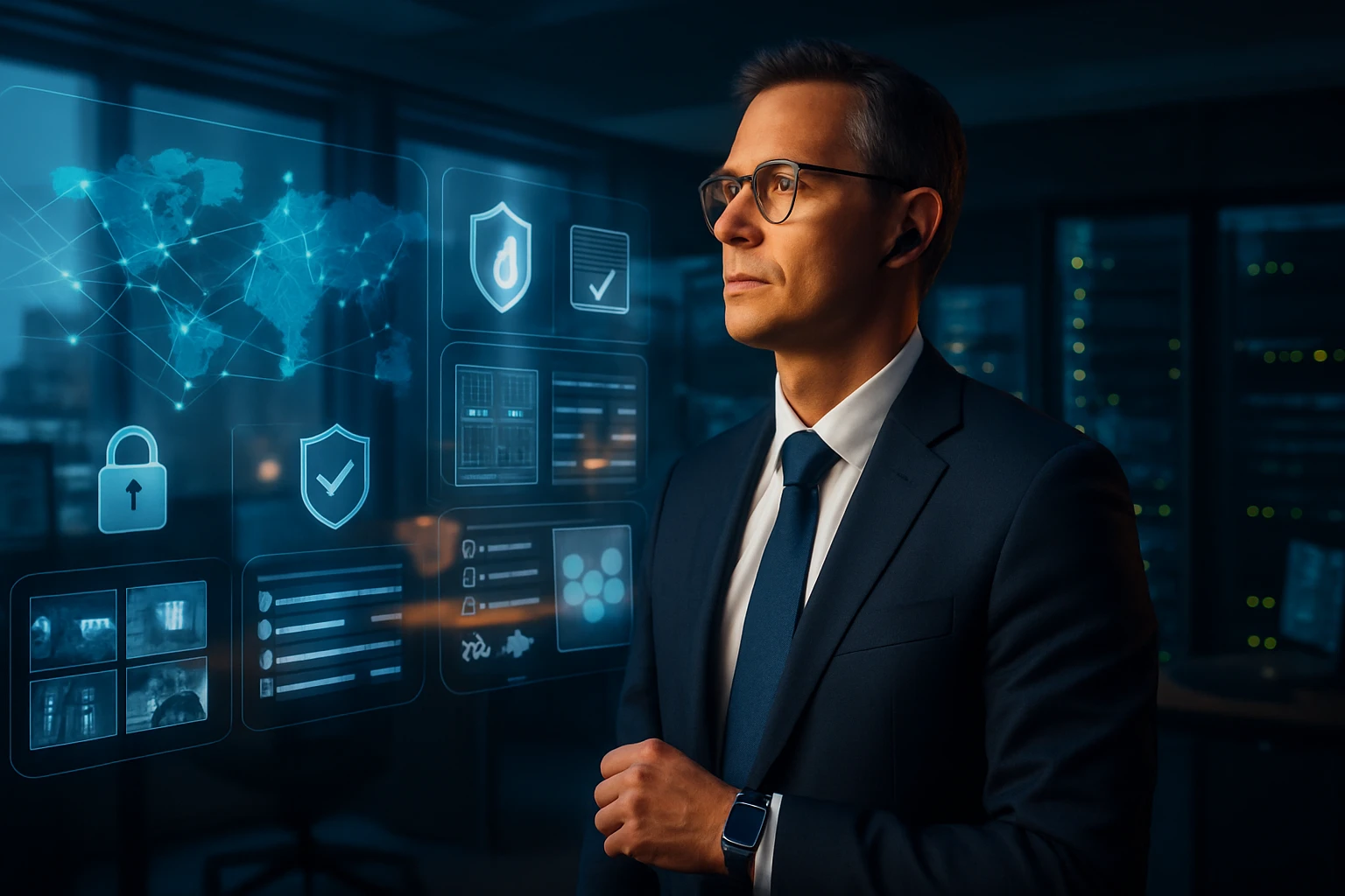 Egy üzletember a digitális biztonságot bemutató hologram előtt áll.