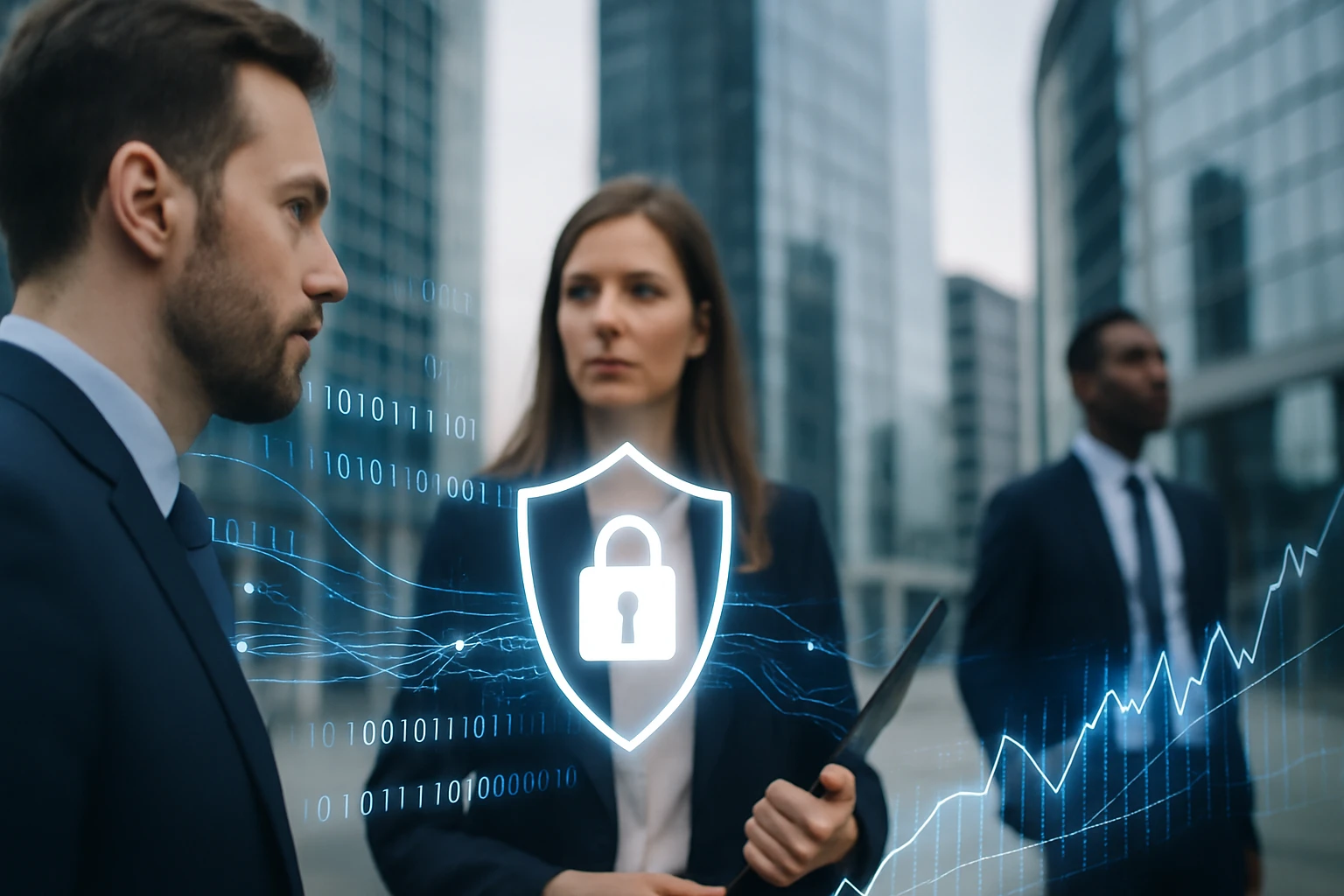 Két üzletember és egy üzletasszony a városi háttér előtt, digitális biztonsági szimbólummal.