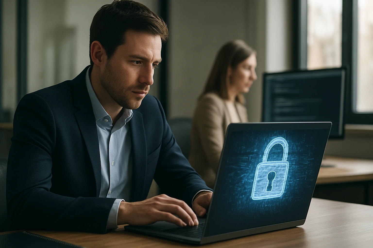 Egy férfi figyelmesen dolgozik egy laptopon, amelyen zár szimbólum látható.