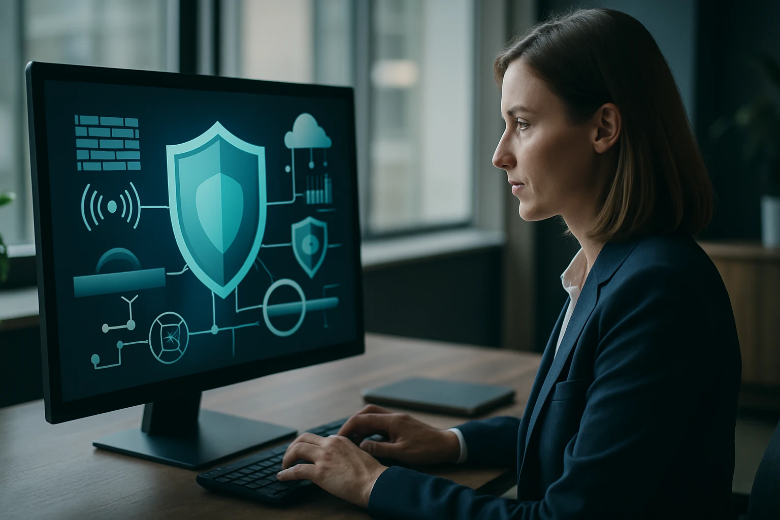 Egy nő figyelmesen dolgozik egy számítógép előtt, biztonsági grafikákkal.