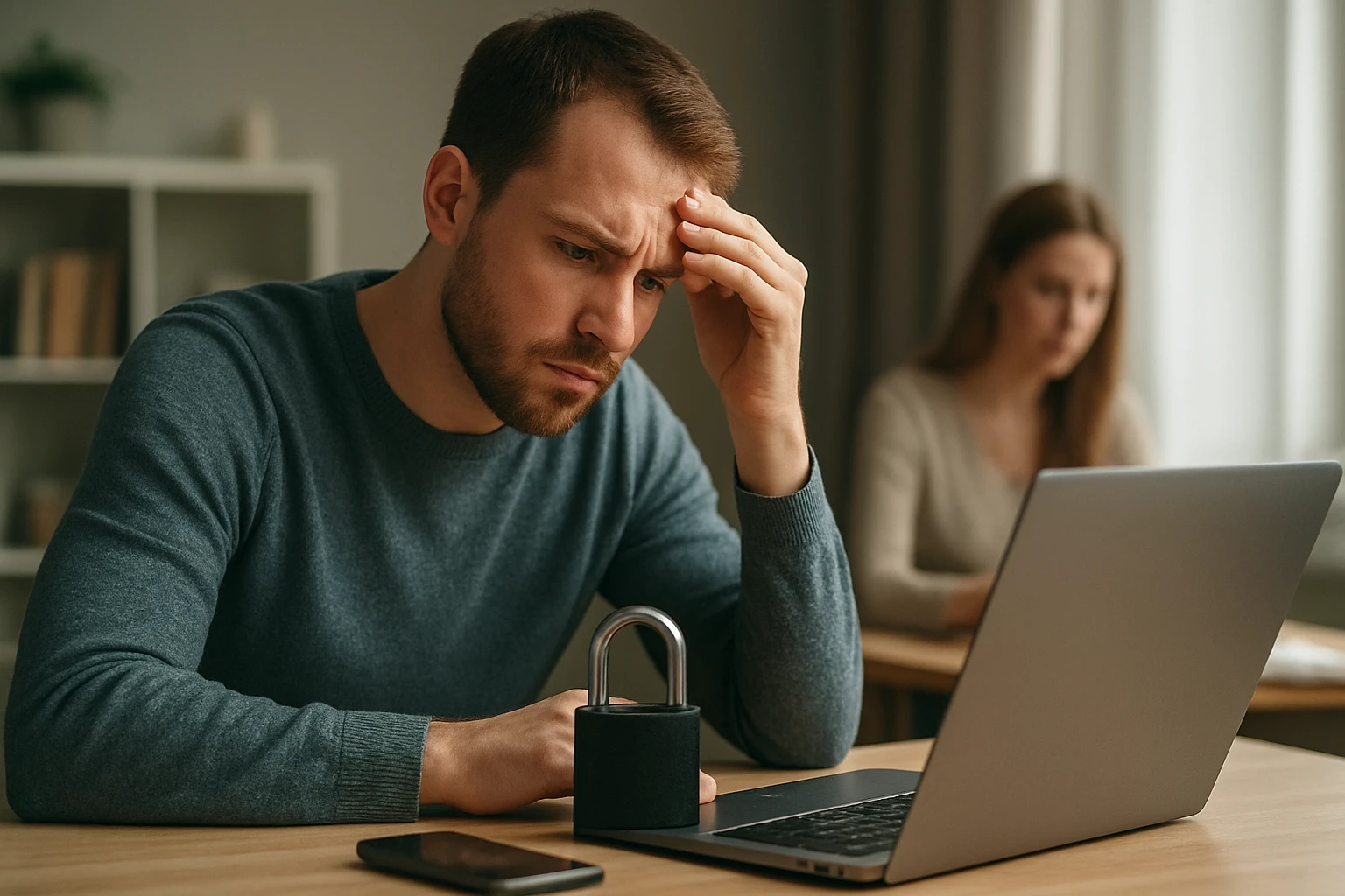 Egy férfi aggódva nézi a laptopját, mellette egy lakat áll.