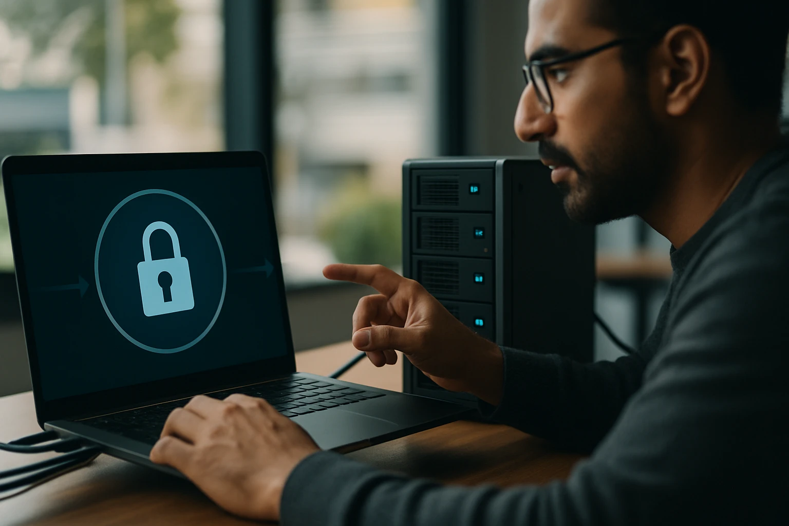 Egy férfi a laptopján egy zár szimbólumot mutat, a biztonságra összpontosítva.