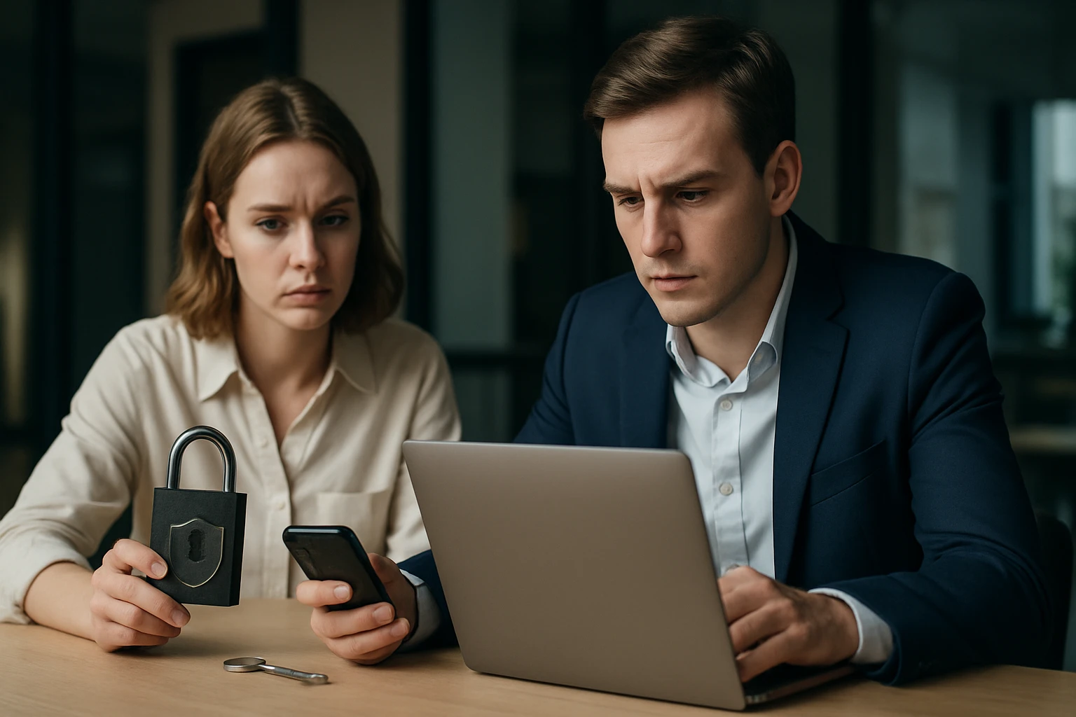 Két ember, egy férfi és egy nő, aggodalommal néznek a laptopra, miközben egy lakatot és telefont tartanak.