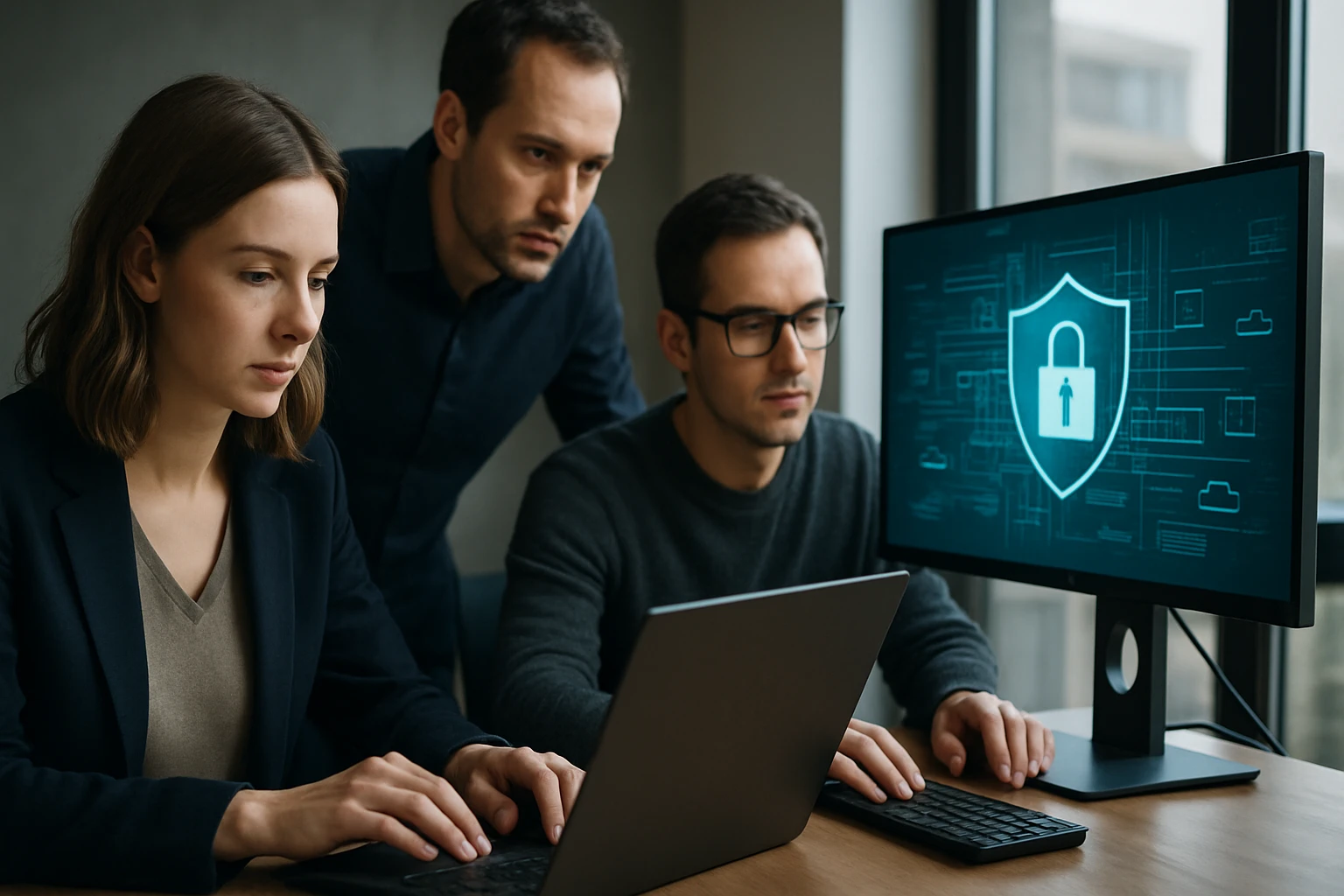 Három szakember dolgozik egy laptopon, miközben a háttérben biztonsági ikon látható.