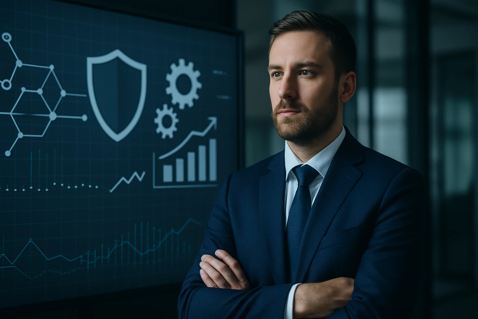 Egy férfi öltönyben, háttérben digitális grafikonok és védelmi szimbólumok.