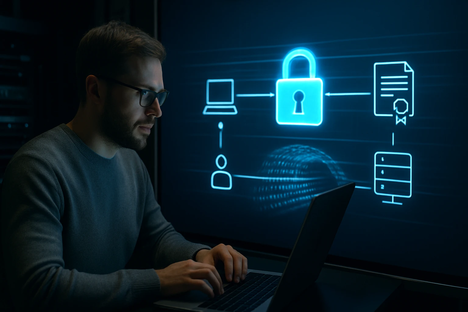 Egy férfi számítógépen dolgozik, háttérben digitális biztonsági ikonokkal.