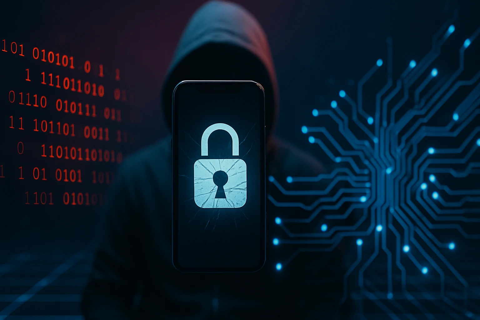 Egy okostelefon képernyőjén törött lakat ikon látható, háttérben kódokkal.