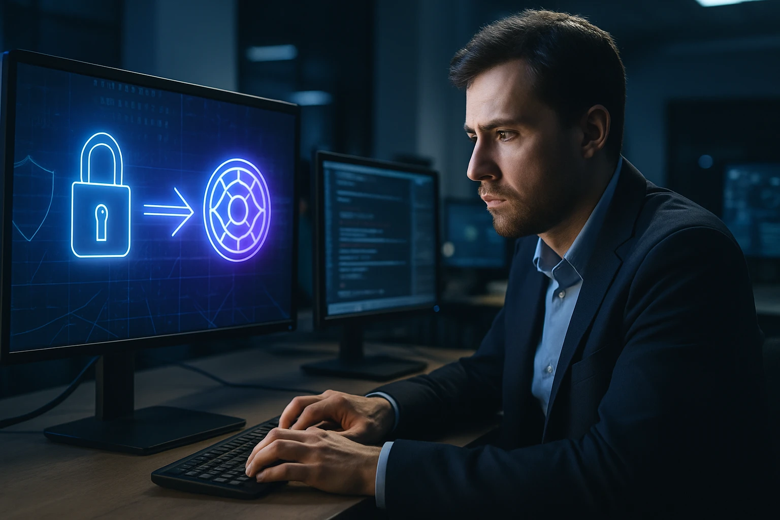 Egy férfi figyelmesen dolgozik a számítógépén, a képernyőn zár és hálózati ikonok láthatók.