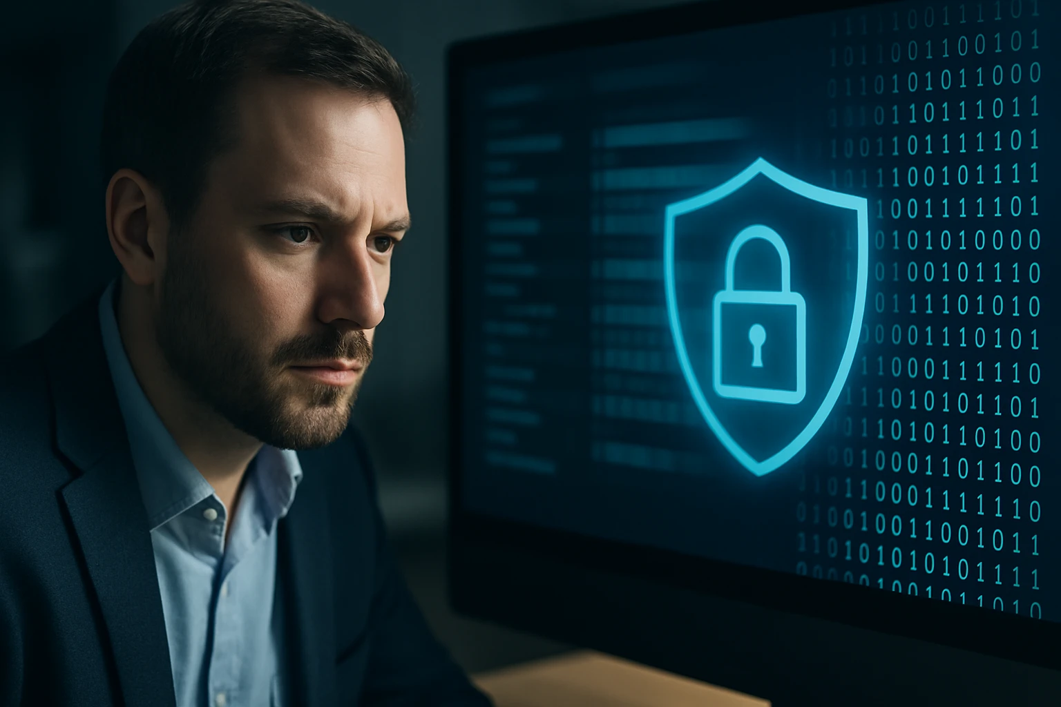 Egy férfi figyelmesen néz egy számítógép képernyőjére, amelyen zár szimbólum látható.