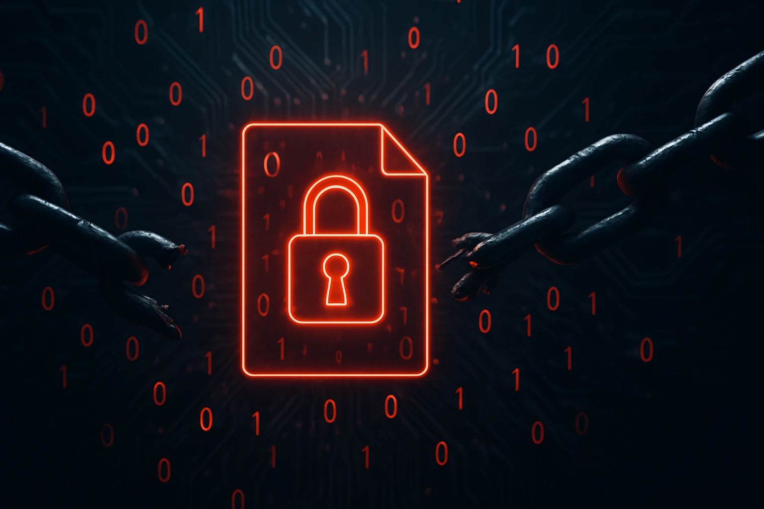 Zárt fájl ikonja piros háttérrel, digitális láncokkal körülvéve.