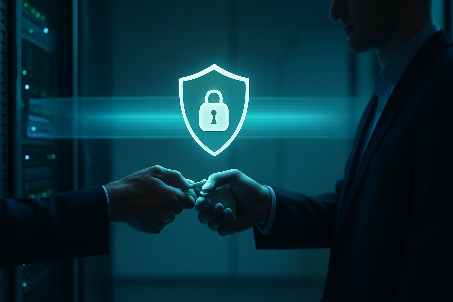 Két kéz, amelyek egy kulcsot adnak át egymásnak, háttérben biztonsági szimbólum.