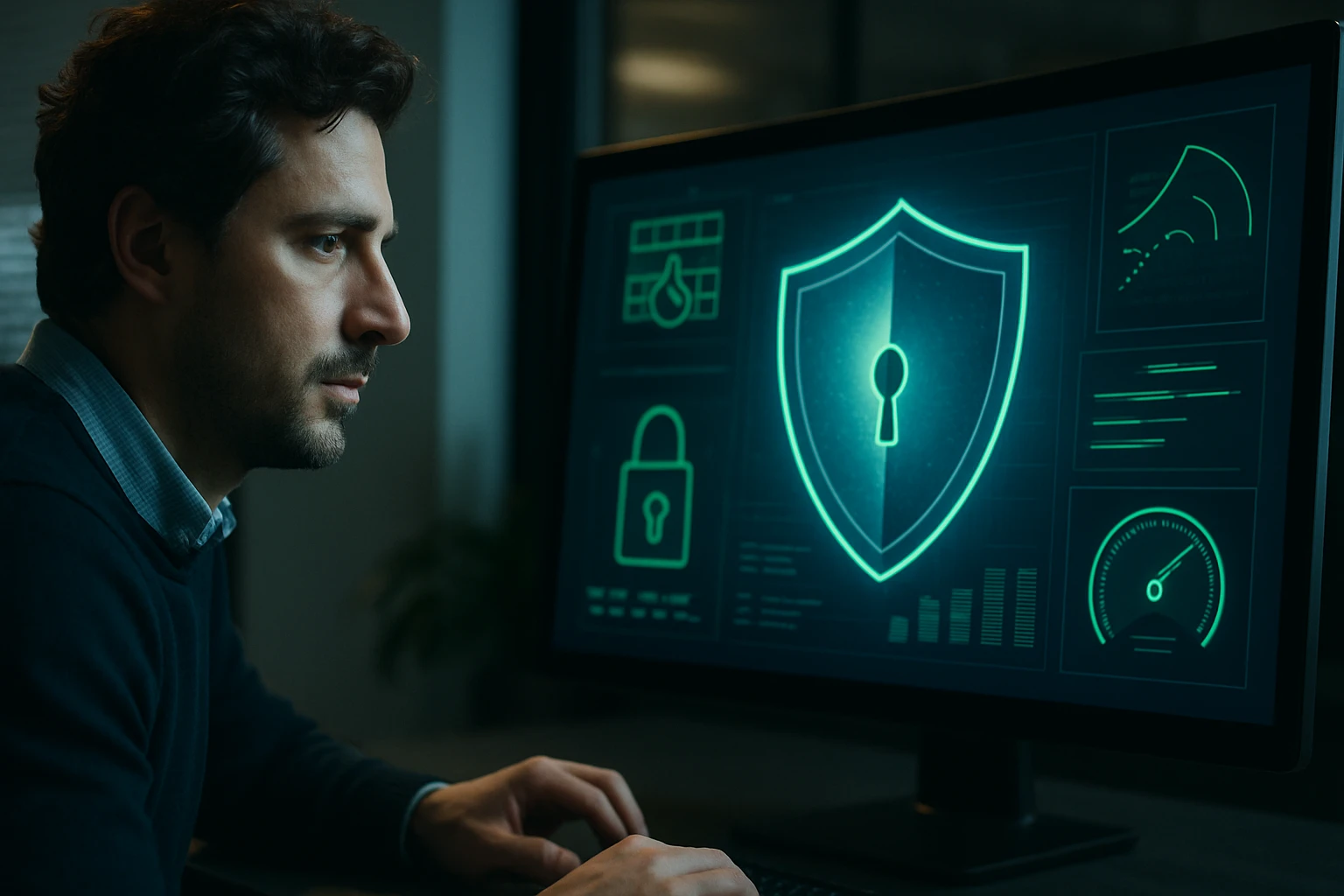 Egy férfi figyelmesen néz egy számítógép képernyőjére, amelyen biztonsági grafika látható.