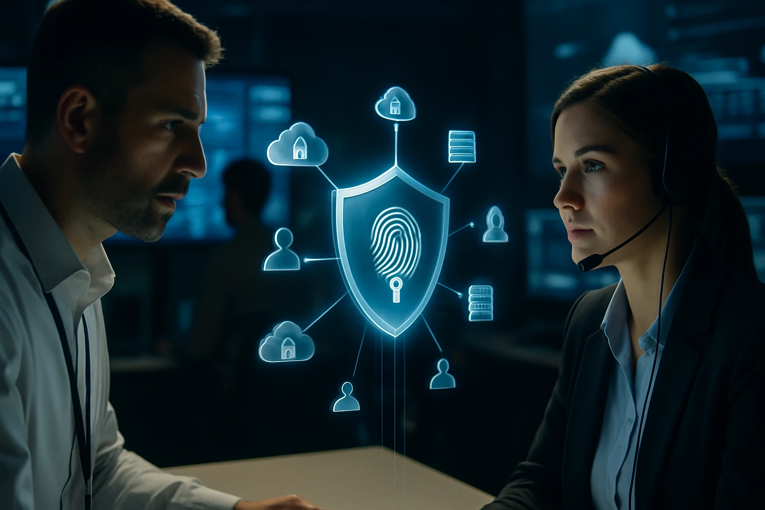 Két szakember beszélget egy digitális biztonsági rendszer előtt, amely biometrikus azonosítást mutat.