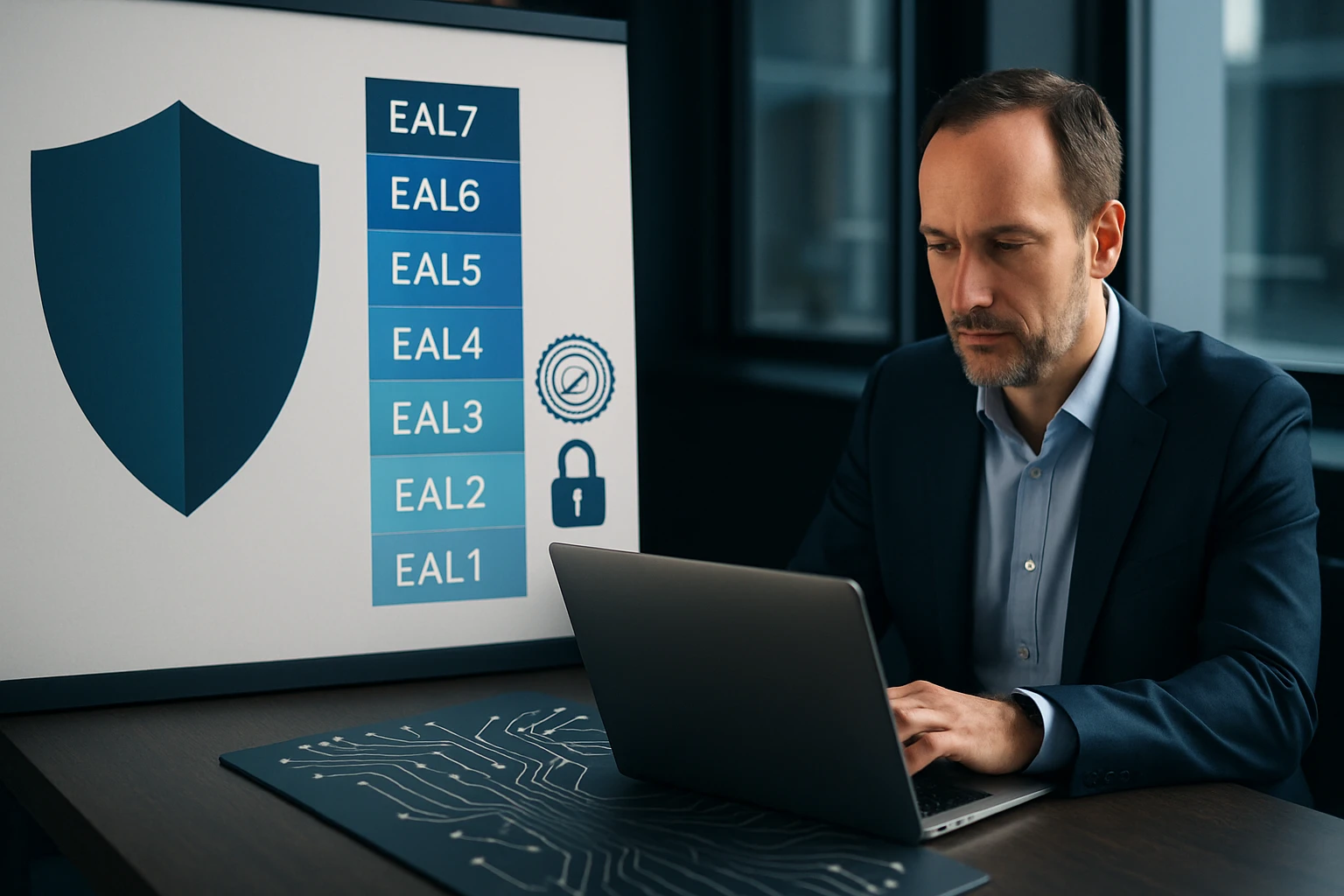 Egy férfi laptop előtt ül, háttérben biztonsági szintet jelző táblázattal.