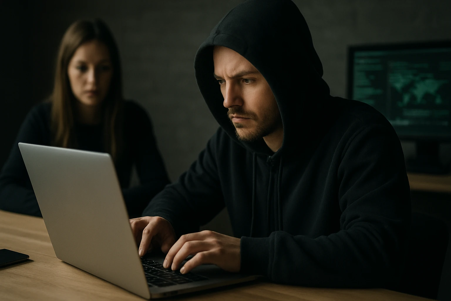 Egy férfi sötét kapucnis pulóverben laptopot használ, háttérben női figura.