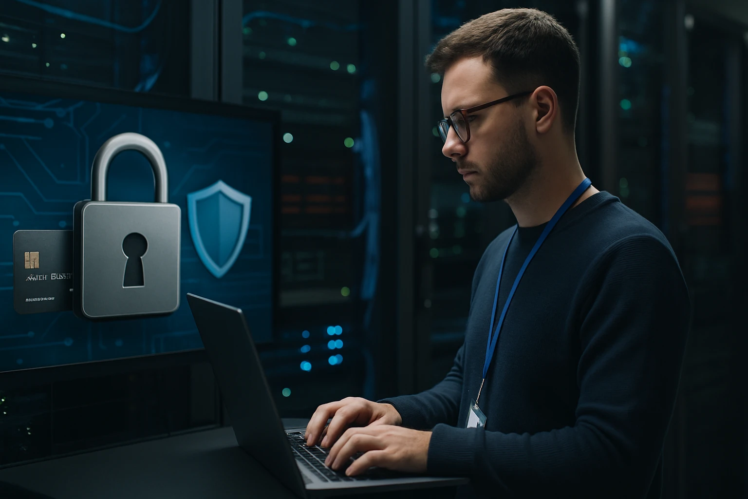 Egy férfi számítógépen dolgozik, háttérben zár szimbólum és pajzs ikon.