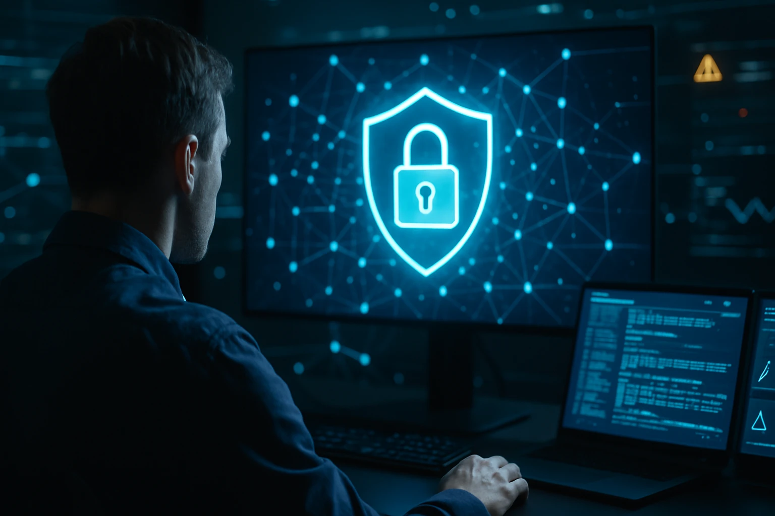 Egy férfi a számítógép előtt, biztonsági zár szimbólummal a képernyőn.