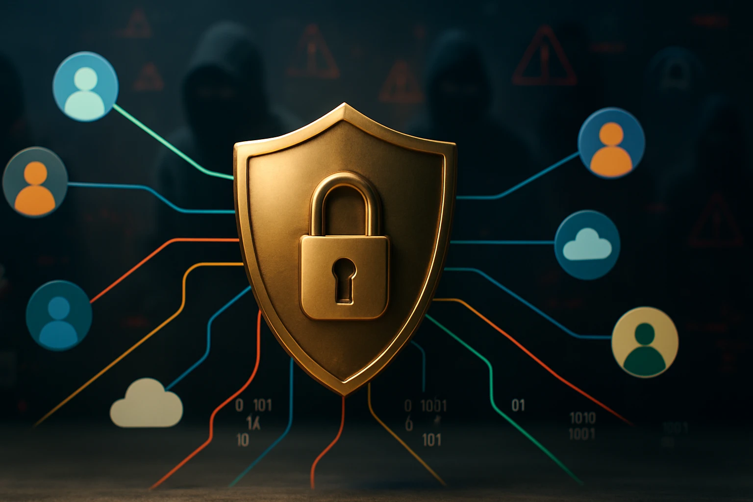 Egy aranyszínű zár védelmi pajzson, háttérben digitális ikonokkal.
