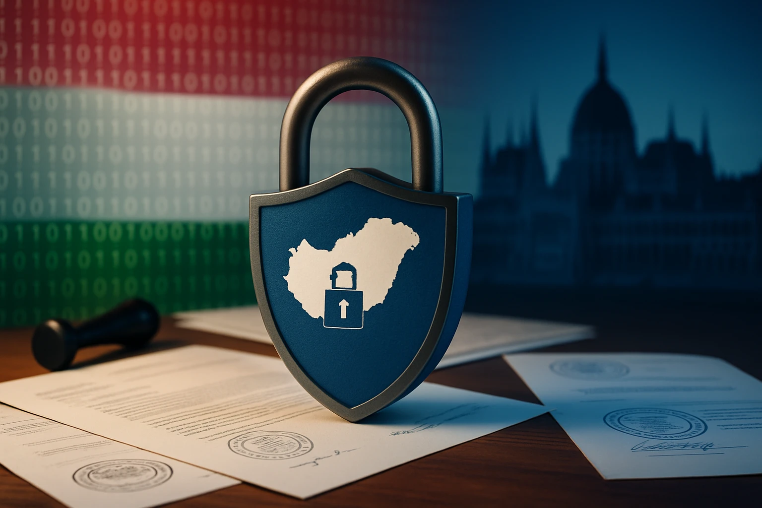 Egy zár védelme alatt álló Magyarország térképe, háttérben digitális kódokkal.