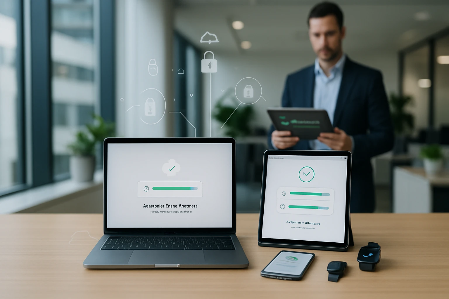 Egy asztalon laptop, tablet és okostelefon látható, mindegyik biztonsági jelzésekkel.