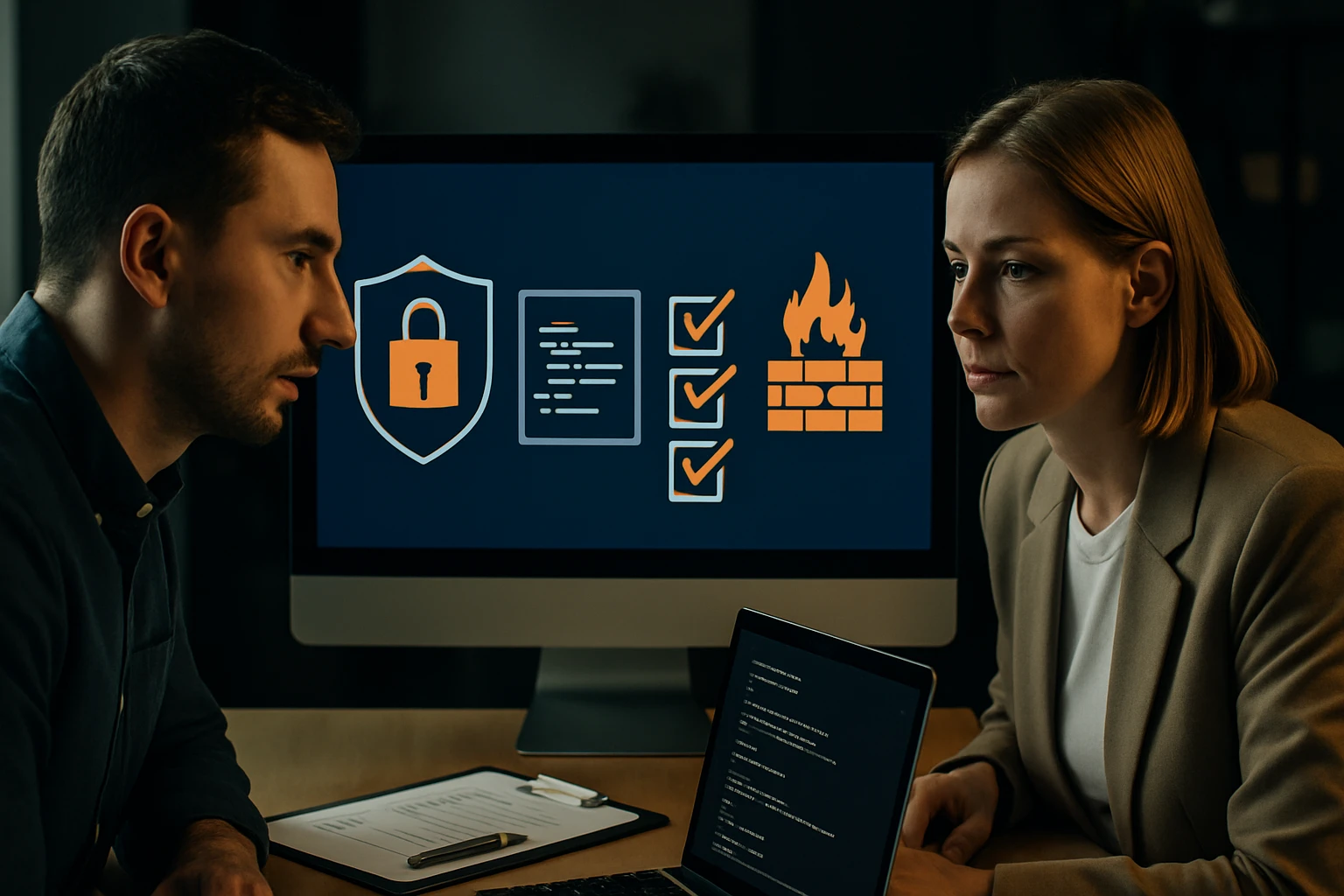Két szakember beszélget egy számítógép előtt, amelyen biztonsági ikonok láthatók.
