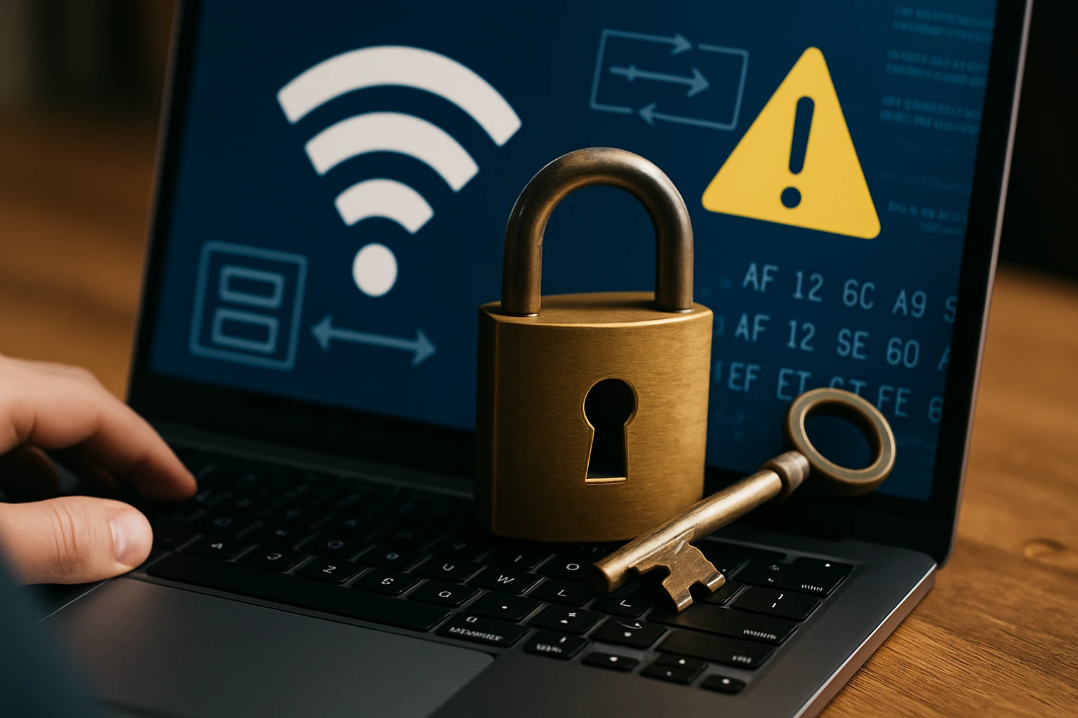 Egy laptop billentyűzetén egy zár és kulcs látható, háttérben biztonsági figyelmeztetések.