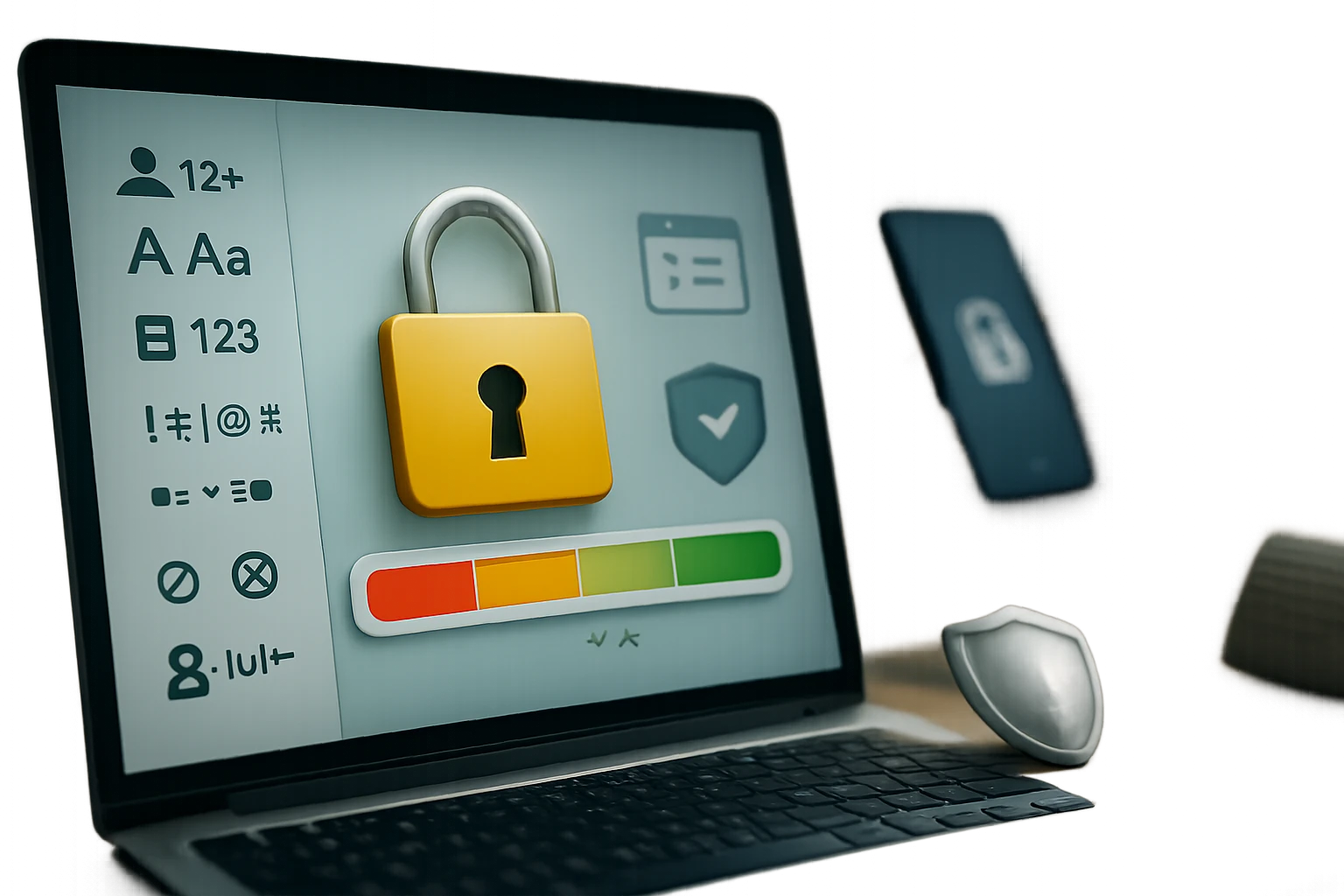 Egy laptop képernyőjén zár ikon és biztonsági beállítások láthatók.