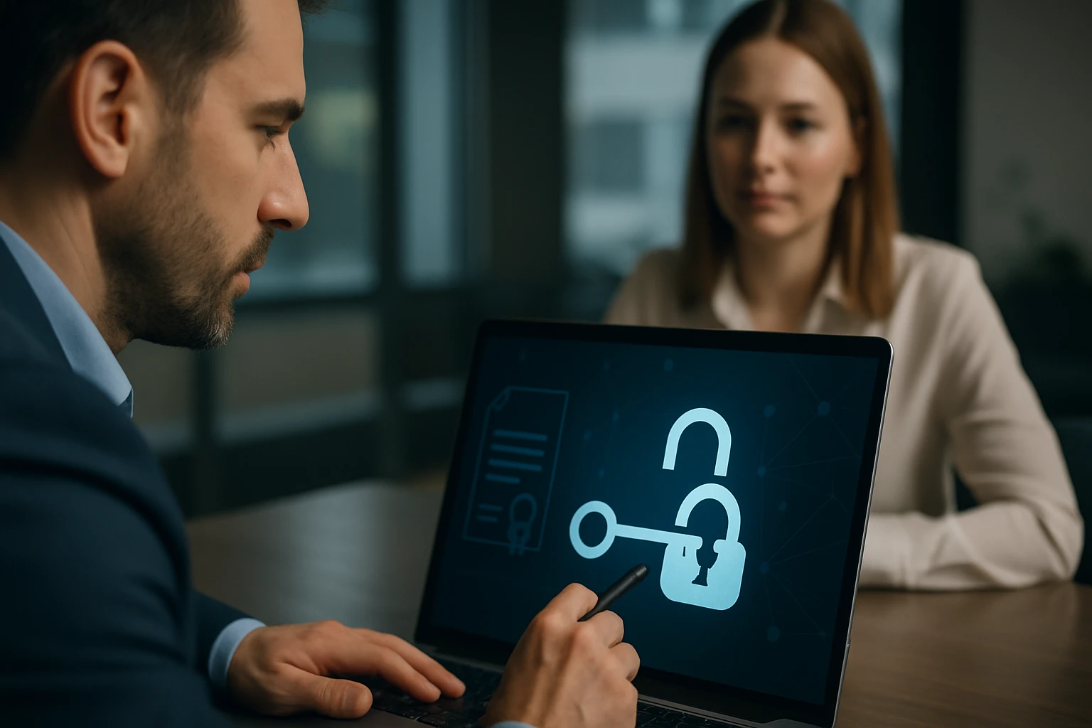 Egy férfi laptopján zár és kulcs ikon látható, miközben egy nő figyel.