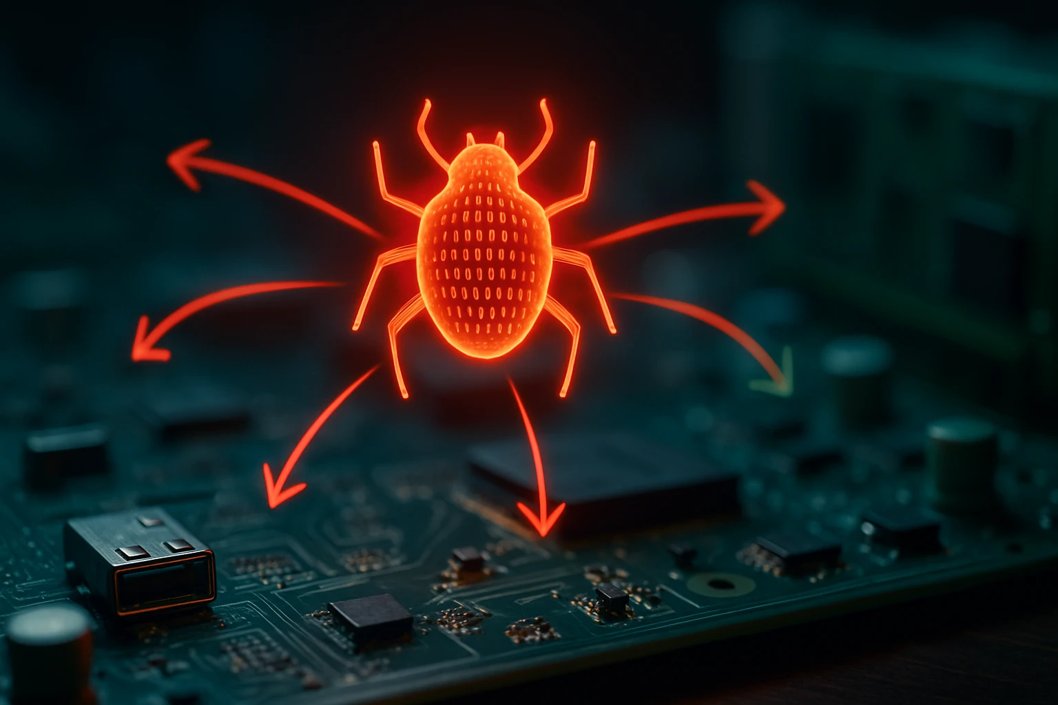 Egy számítógépes alaplapon látható piros színű, digitális bogár ábrázolás.