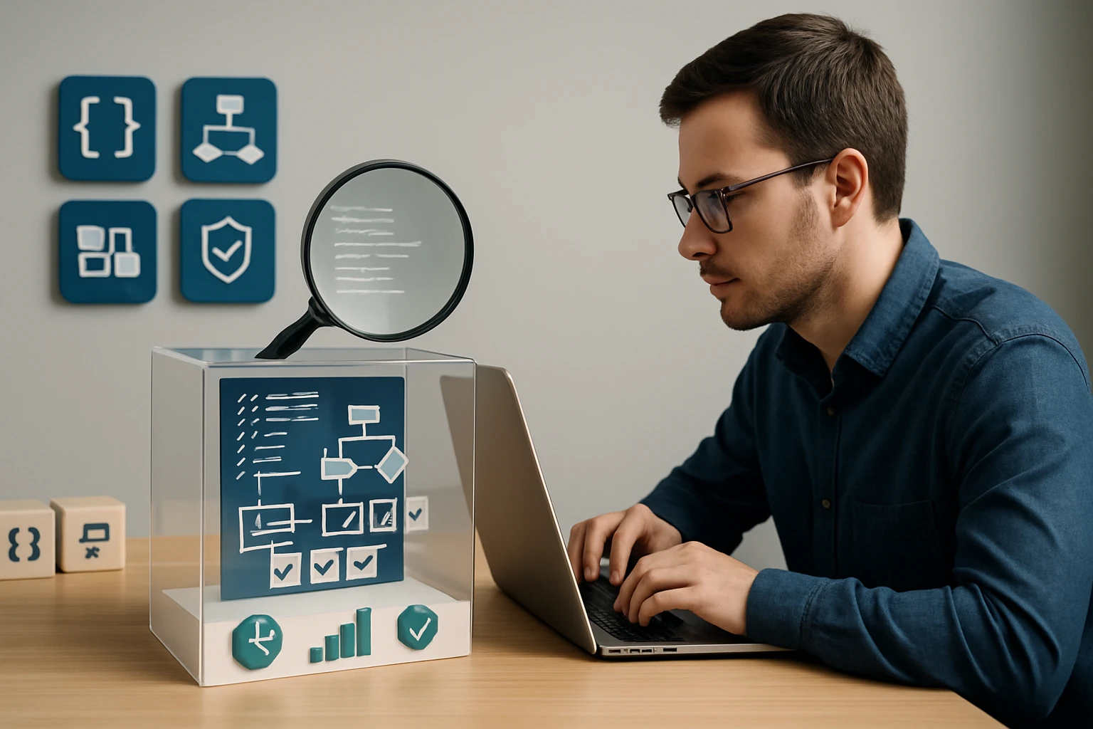 Egy fiatal férfi laptop előtt ülve, magnifying glass alatt diagramokat néz.