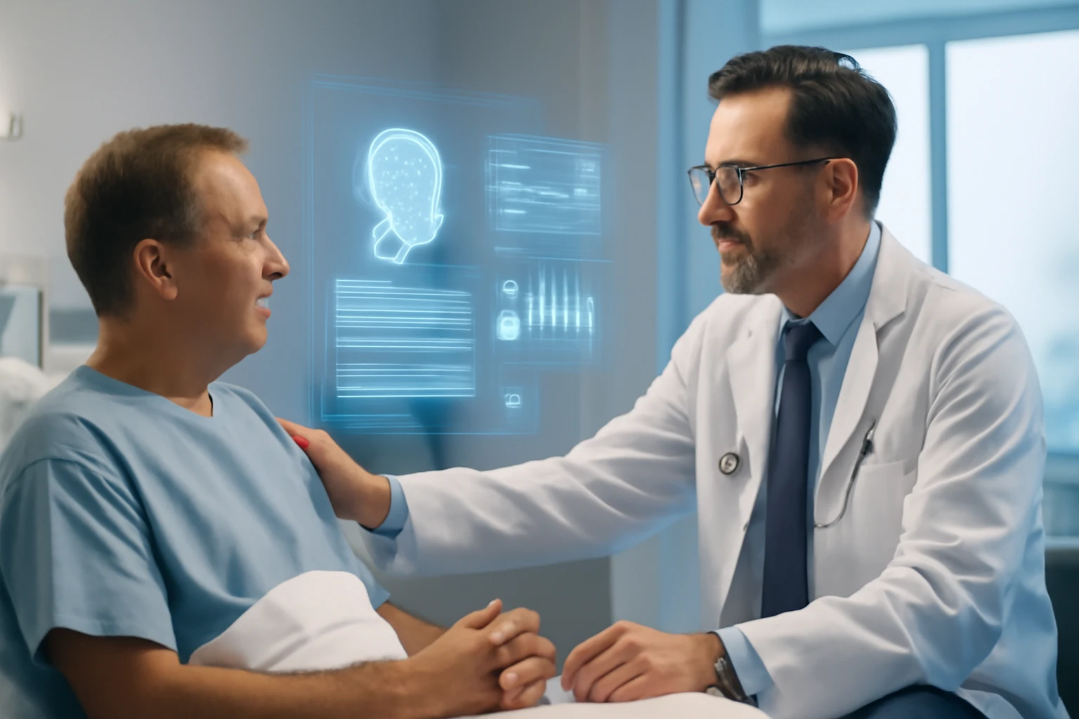 Orvos és páciens beszélgetése, háttérben digitális egészségügyi adatokkal.