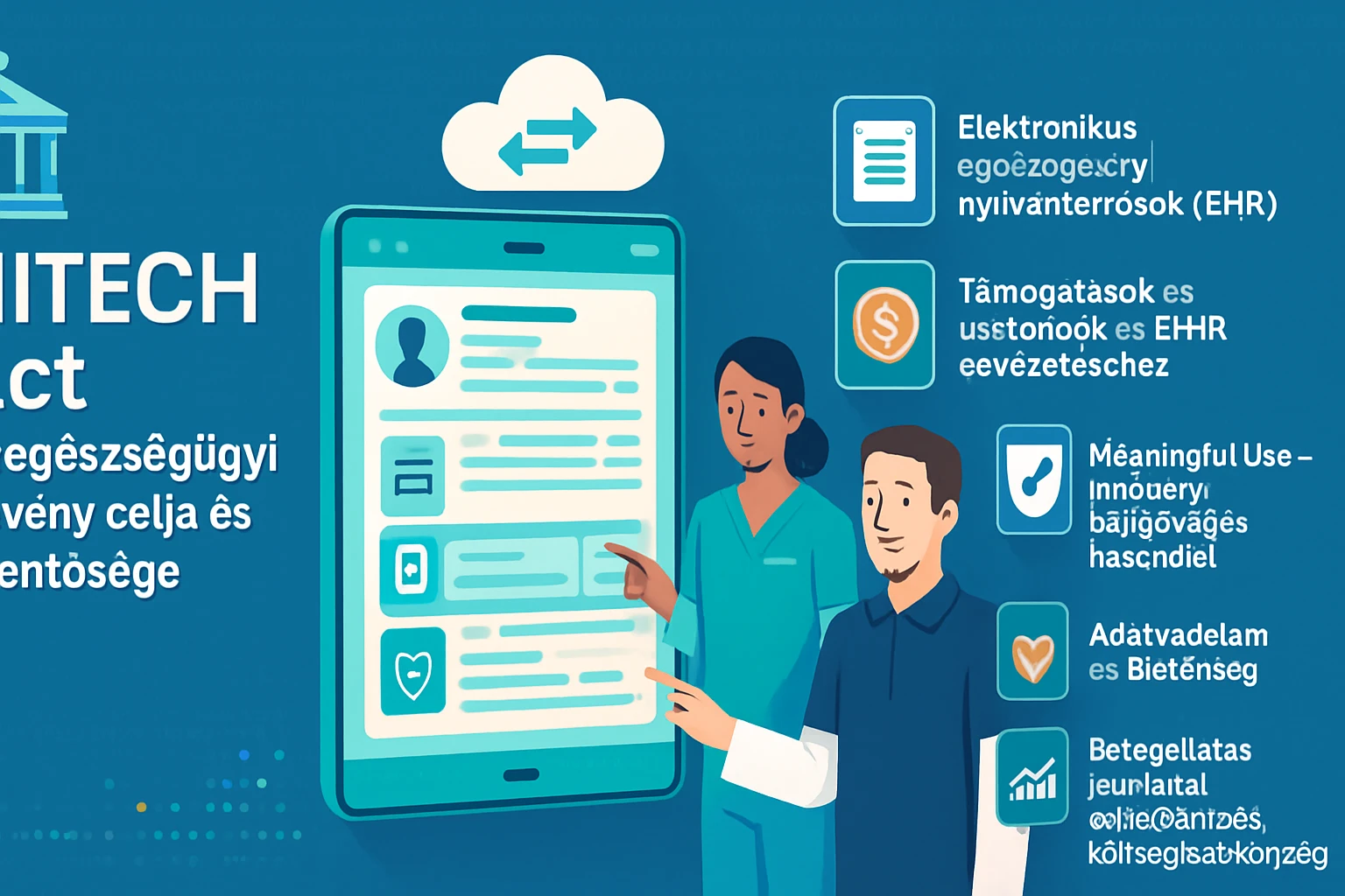 Két egészségügyi szakember egy okostelefonon elektronikus egészségügyi nyilvántartásokat mutat be.