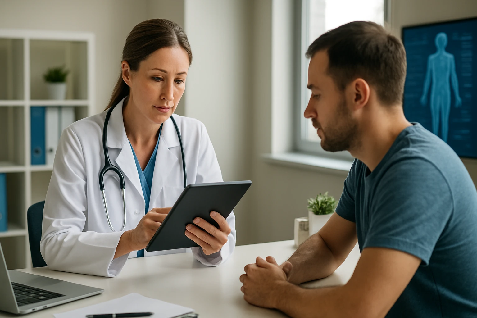 Orvos és páciens konzultál egy táblagépen, egészségügyi információkat átbeszélve.