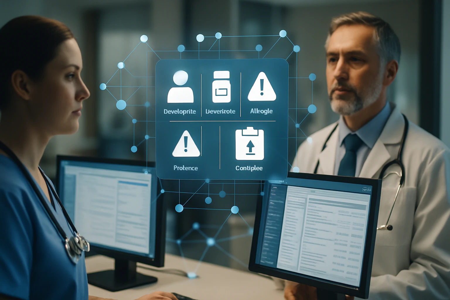Két egészségügyi szakember beszélget egy digitális felületen megjelenő információkkal.