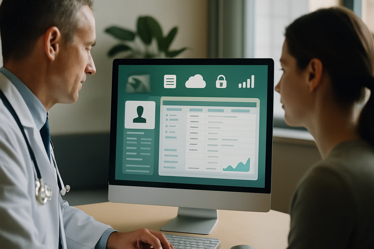 Orvos és páciens beszélgetése egy számítógép előtt, egészségügyi adatokkal.