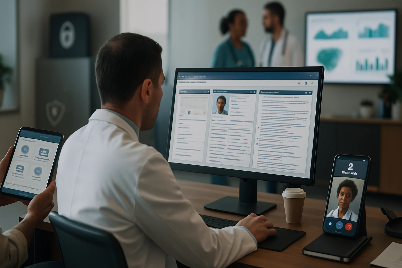 Orvosi szakember dolgozik számítógépen, táblagépen és telefonon.