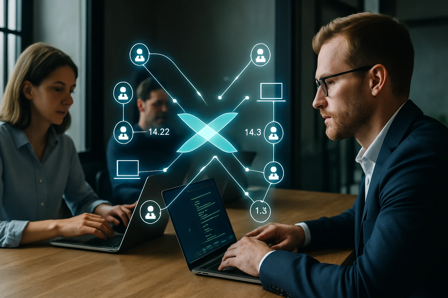 Két ember dolgozik laptopon, digitális hálózati grafika látható a képernyőn.