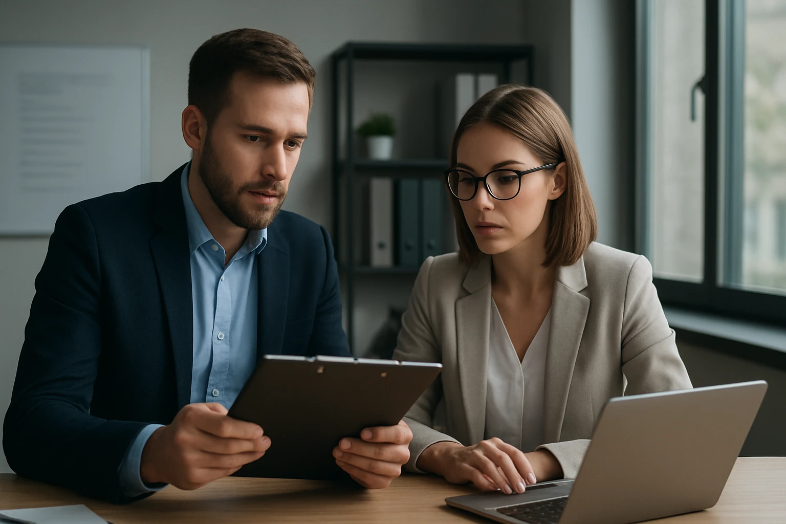 Két fiatal szakember egy táblagépet néz, miközben laptop előtt ülnek.